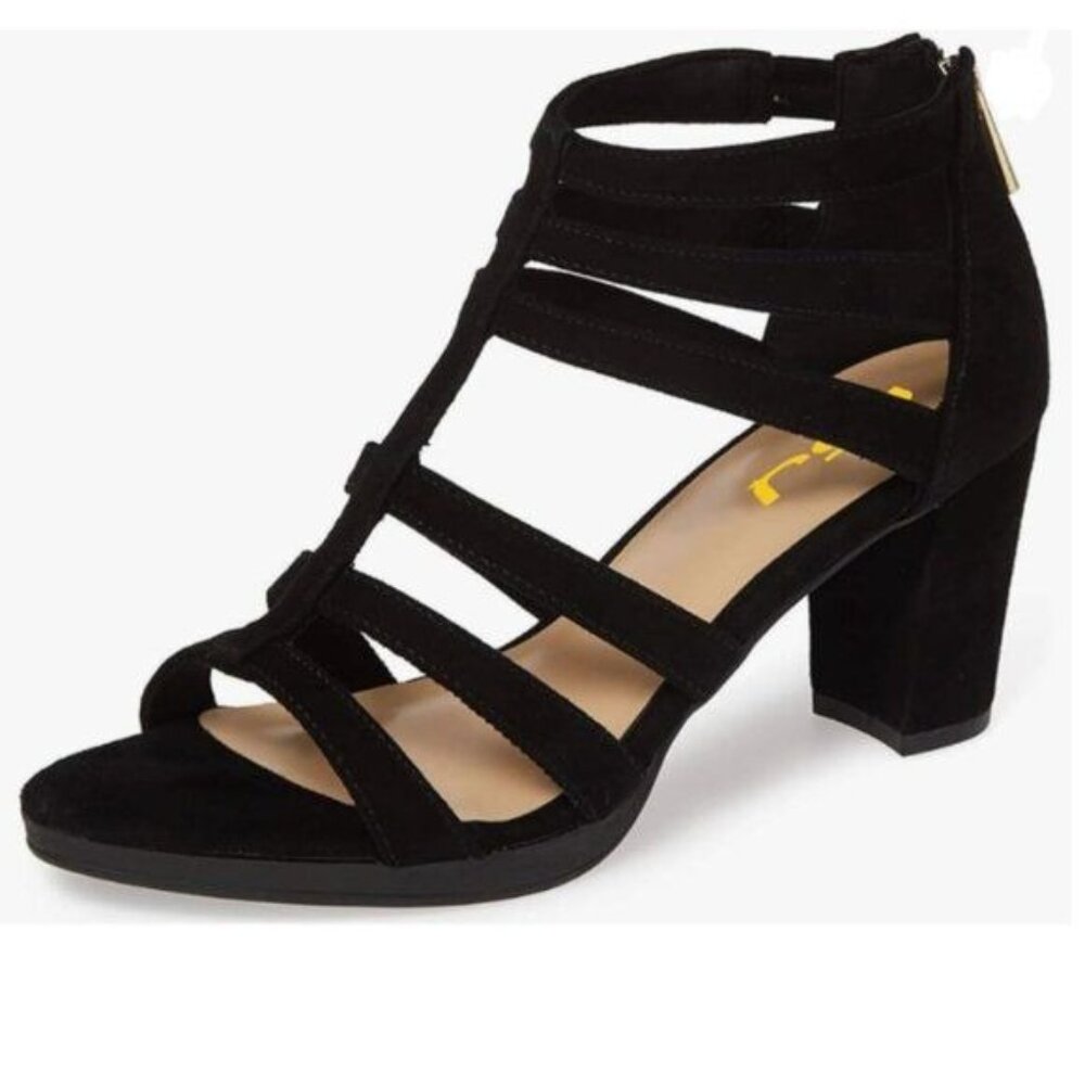FSJ Black Chunky High Heel Sandals Open Toe T-Strap Cutout Back Zipper Shoes